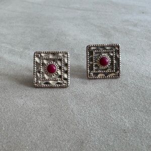 Gold plated square earrings with red/orange resin center